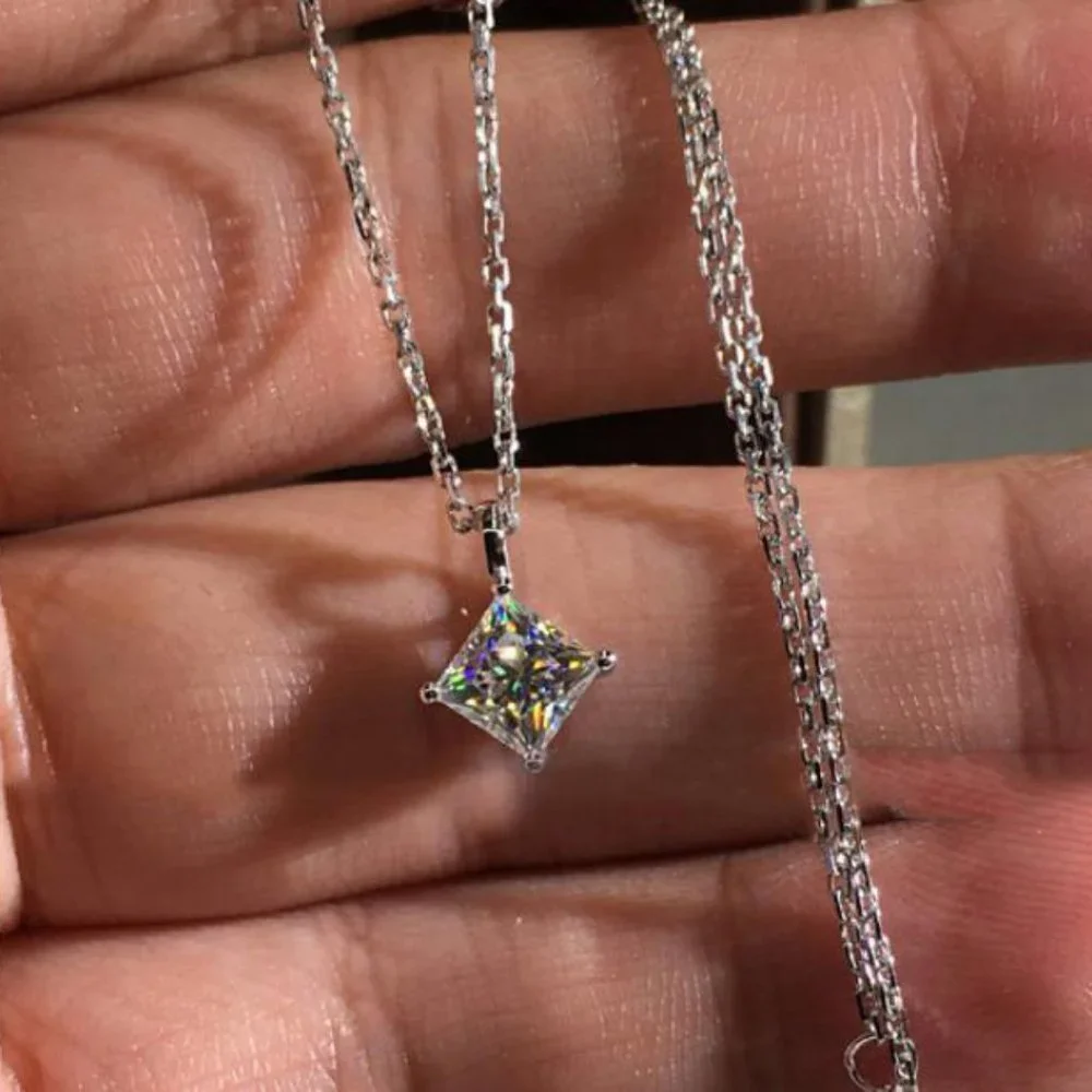 *NEW 2ct Princess Cut Solitaire Diamond Necklace